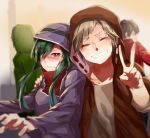  1girl 3boys blush brown_hair green_hair grin highres hoodie kagerou_project kano_(kagerou_project) kido_(kagerou_project) kisaragi_shintarou long_hair mekakushi_code_(vocaloid) multiple_boys pietani397 red_eyes seto_(kagerou_project) short_hair smile v vocaloid 