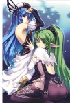  armpits arms_up blue_hair detached_sleeves dress espgarude expressionless gabella green_eyes green_hair hat hirano_katsuyuki long_hair multiple_girls official_art pantyhose pointy_ears ponytail puffy_sleeves red_eyes sitting skirt spectral_(series) spectral_force_genesis wariza white_dress 