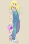  blonde_hair blue_eyes boots claire_(harvest_moon) denim harvest_moon long_hair open_mouth overalls smile solo watering_can 