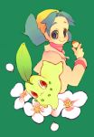  1girl :3 bangs blue_hair chikorita flower green_background hat holding holding_poke_ball kan8931 leaf looking_at_viewer poke_ball pokemon pokemon_(creature) pokemon_(game) pokemon_gsc red_eyes smile twintails 