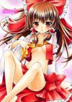  blush bow breasts brown_eyes brown_hair detached_sleeves funnyfunny hair_bow hair_tubes hakurei_reimu long_hair marker_(medium) no_bra open_clothes open_shirt sample skirt solo touhou traditional_media under_boob underboob 