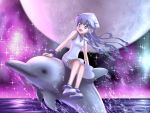  1girl blue_eyes blue_hair dolphin dress hat ikamusume long_hair misoinu riding shinryaku!_ikamusume tentacle_hair 