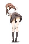  bent_over black_legwear brown_hair from_behind highres kneehighs long_hair looking_at_viewer looking_back original parted_lips plaid plaid_skirt red_eyes saitom school_uniform simple_background skirt solo white_background 