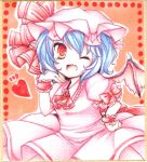  ascot bat_wings blue_hair crystal hat hat_ribbon heart lowres open_mouth puffy_sleeves red_eyes remilia_scarlet ribbon sanotsuki shikishi short_hair short_sleeves solo touhou traditional_media wings wink wrist_cuffs 