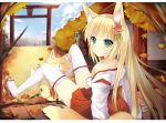  animal_ears arm_support autumn_leaves bare_shoulders blonde_hair breasts cleavage duji_amo fox fox_ears fox_tail green_eyes hair_ornament japanese_clothes leaf long_hair looking_at_viewer looking_back maple_leaf miko off_shoulder open_mouth original sitting solo tail thigh-highs thighhighs very_long_hair white_legwear 