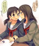  blush brown_eyes brown_hair cardigan eraser eye_contact hachiko_(hati12) hand_on_shoulder looking_at_another mechanical_pencil multiple_girls open_cardigan original pencil ponytail school_uniform serafuku translated wrist_grab yuri 