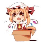  animal_ears ascot blonde_hair blush box cardboard_box cat_ears cat_tail chibi fang flandre_scarlet for_adoption hat hat_ribbon in_box in_container kemonomimi_mode open_mouth red_eyes ribbon shirt short_hair side_ponytail simple_background skirt skirt_set solo tail tosura-ayato touhou translated wings 
