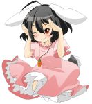  ahoge animal_ears berry_jou black_hair bunny_ears bunny_pose bunny_tail carrot dress inaba_tewi jewelry necklace rabbit_ears red_eyes short_hair smile solo tail touhou wink 