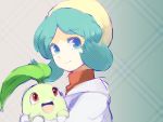  1girl :d bad_id bangs blue_eyes blue_hair bust chikorita crystal_(pokemon) hat leaf looking_at_viewer open_mouth pokemon pokemon_(creature) pokemon_(game) pokemon_gsc red_eyes short_hair sketch smile solo twintails yorozuyo 