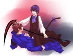  2boys armband blood blue_hair boots bow brown_hair cat_tail coat frederica_bernkastel genderswap hair_pull injury looking_at_another lying male multiple_boys nobicco pants scythe tail umineko_no_naku_koro_ni vest violet_eyes willard_h_wright 