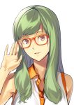  bare_shoulders brown_eyes bust face glasses green_hair long_hair original shimotsuki_eight simple_background smile solo white_background 