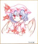  ascot bat_wings blue_hair bust hat hat_ribbon jewelry puffy_sleeves red_eyes remilia_scarlet ribbon sanotsuki shikishi short_hair short_sleeves smile solo touhou traditional_media white_background wings wrist_cuffs 