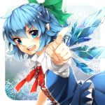  ahoge blue_eyes blue_hair bow bust cirno foreshortening hair_bow ice ice_wings looking_at_viewer open_mouth pointing pointy_ears ribbon sayuma solo touhou wings 