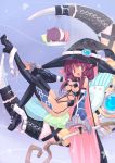  :d animal bare_shoulders belt black_legwear bondage_outfit breasts bridal_gauntlets cape cleavage collar crescent_moon detached_sleeves hat highres homura_subaru jewelry leg_lift long_hair looking_at_viewer moon no_panties open_mouth original pillow pinky_out pointy_ears purple_eyes purple_hair sitting smile solo staff thigh-highs thighhighs veil violet_eyes witch witch_hat 