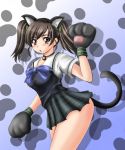  1041_(toshikazu) 1girl animal_ears bell bell_collar blush brown_eyes brown_hair cat_ears cat_paws cat_tail collar kemonomimi_mode ling_xiaoyu namco paws plaid plaid_skirt school_uniform serafuku skirt solo tail tekken tekken_3 tekken_4 tekken_5_(dark_resurrection) tekken_tag_tournament twintails 