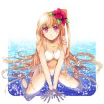  bikini flower hair_flower hair_ornament hibiscus long_hair nanami_(773) orange_hair original partially_submerged red_eyes side_ponytail swimsuit water 