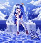  animal_on_head bird bird_on_head birdcage blue blue_dress blue_eyes blue_hair bow cage chin_rest cloudy_sky copyright_request dress hair_bow highres knees_together_feet_apart long_hair mary_janes pas_(paxiti) shoes sitting solo thigh-highs thighhighs twintails very_long_hair water white_legwear 