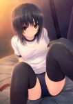  absurdres aoyama_sumika black_hair black_legwear blush brown_eyes buruma coffee-kizoku gym_uniform highres looking_at_viewer original scan short_hair sitting solo thigh-highs thighhighs 