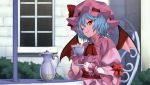  1girl ascot bat_wings blue_hair cozy cup hat looking_at_viewer plate red_eyes remilia_scarlet short_hair sitting sitting_on_chair smile solo teacup touhou wings wink wrist_cuffs 