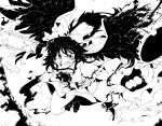  angry asymmetrical_clothes black_hair black_wings bow fingerless_gloves fingernails gloves greyscale hair_bow high_contrast iroyopon long_hair monochrome open_mouth puffy_sleeves reiuji_utsuho short_sleeves skirt solo touhou wings 
