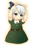  1girl animal_ears blue_eyes cat_ears child dress fake_animal_ears hands_on_head konpaku_youmu no_legs parted_lips short_hair short_sleeves silver_hair simple_background solo standing touhou tsutsui0608 white_background young 