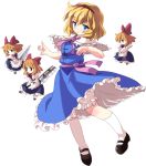  alice_margatroid apron asyura7 black_eyes blonde_hair bloomers blue_eyes bow capelet doll hair_bow hairband kneehighs lance long_sleeves mary_janes open_mouth polearm shanghai shanghai_doll shoes short_hair short_sleeves touhou weapon white_legwear 