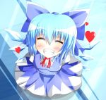  arms_behind_back blue_dress blue_eyes blush bow cirno closed_eyes dress ehimedaisuki eyes_closed grin hair_bow heart highres ice shirt short_hair smile solo touhou wings 