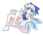  asyura7 bloomers blue_eyes blue_hair bow cirno hair_bow ice ice_wings puffy_sleeves short_hair short_sleeves smile solo touhou wings 