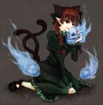  animal_ears braid cat_ears cat_tail kaenbyou_rin long_hair long_sleeves manasseh multiple_tails open_mouth pointy_ears puffy_sleeves red_eyes red_hair redhead solo spirits tail touhou twin_braids 