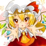  ascot berry_jou blonde_hair fang flandre_scarlet foreshortening hat hat_ribbon open_mouth outstretched_arms ribbon side_ponytail solo touhou wings yellow_eyes 
