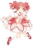  bad_id bow bubble_skirt dress gloves hair_bow kaname_madoka kyubey looking_at_viewer magical_girl mahou_shoujo_madoka_magica pink_hair red_eyes simple_background socks solo twintails uramakaron white_background 