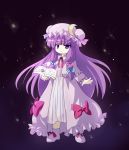  asyura7 bags_under_eyes book bow capelet crescent hair_bow hat long_hair long_sleeves patchouli_knowledge purple_eyes purple_hair solo standing touhou very_long_hair violet_eyes 