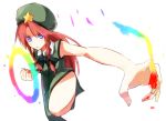  adapted_costume blue_eyes bow braid chinese_clothes clenched_hands hair_bow hat hong_meiling long_hair red_hair redhead shirofox sleeveless solo star touhou twin_braids very_long_hair white_background 