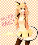  animal_ears arm_behind_back artist_request black_legwear brown_eyes character_name checkered checkered_background finger_to_mouth looking_at_viewer open_mouth orange_hair personification pokemon raichu short_hair skirt solo tail thigh-highs thighhighs zettai_ryouiki 