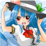  adjusting_hat berry_jou blue_hair bow fang food fruit hat hinanawi_tenshi leaf long_hair open_mouth peach red_eyes short_sleeves solo touhou 