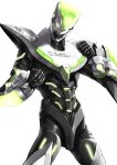  fighting_stance kaburagi_t_kotetsu neon_trim power_armor power_suit product_placement simple_background solo superhero takemori_shintarou tiger_&amp;_bunny white_background wild_tiger 