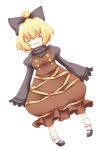  blonde_hair blush bow closed_eyes eyes_closed hair_bow kurodani_yamame long_sleeves mary_janes open_mouth puffy_sleeves sanotsuki shoes short_hair solo touhou white_background wide_sleeves 