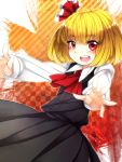  ascot blonde_hair checkered checkered_background dress dutch_angle hair_ribbon long_sleeves open_mouth outstretched_arms red_eyes ribbon rumia sayuma solo touhou 