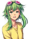  :d alternate_costume bust collarbone goggles goggles_on_head green_eyes green_hair gumi long_hair looking_at_viewer open_mouth smile solo tatsuhiko_(pasutaya) vocaloid 