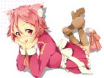  absurdres animal_ears apron blush boots bow cat_ears dress fang freckles highres kemonomimi_mode lisbeth lying moripomera on-stomach on_stomach pink_eyes pink_hair ribbon short_hair solo sword_art_online tail tongue 