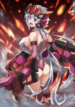  1girl ahoge ass breasts dual_wielding elbow_gloves fire from_behind gatling_gun gloves headgear large_breasts legs_together leotard long_hair looking_at_viewer looking_back low_twintails lyrical_denko open_mouth red_legwear senki_zesshou_symphogear silver_hair solo standing teeth thigh-highs twintails very_long_hair violet_eyes yukine_chris 