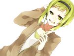 chisumi dutch_angle green_eyes green_hair gumi hand_on_headphones headphones looking_at_viewer open_mouth short_hair smile solo tears vocaloid 