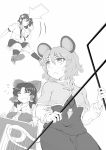 animal_ears bow capelet closed_eyes detached_sleeves eyes_closed flying_sweatdrops hair_bow hair_tubes hakurei_reimu hat long_sleeves monochrome mouse_ears multiple_girls nazrin open_mouth pointy_ears puffy_sleeves shameimaru_aya short_hair short_sleeves sweatdrop tail tears tokin_hat touhou whitesesame