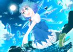  blue_eyes blue_hair bow cirno dress frog hair_bow ice mo2ica open_mouth short_hair solo sun touhou water wings 