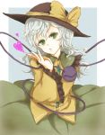  bow closed_eyes eyes_closed green_eyes hat hat_bow heart komeiji_koishi long_hair long_sleeves manasseh open_mouth silver_hair solo third_eye touhou wide_sleeves 