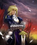  ahoge armor armored_dress army blonde_hair dress excalibur fate/stay_night fate_(series) faulds flag gauntlets green_eyes hair_ribbon juhaihai lips planted_sword planted_weapon realistic ribbon saber solo sword weapon 