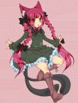  animal_ears blush boots bow braid cat_ears cat_tail cross-laced_footwear hair_bow kaenbyou_rin lace-up_boots long_hair momo_michi multiple_tails open_mouth red_eyes red_hair redhead solo tail touhou twin_braids twintails 