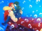  2boys armor bubble cape fate/zero fate_(series) green_hair hima-jin multiple_boys red_eyes red_hair redhead rider_(fate/zero) underwater waver_velvet 
