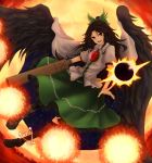  arm_cannon bird_wings black_hair black_wings bow cape energy_ball hair_bow long_hair manasseh open_mouth puffy_sleeves red_eyes reiuji_utsuho short_sleeves solo third_eye touhou weapon wings 