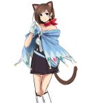  absurdres animal_ears bare_shoulders belt blue_eyes boots brown_hair cape cat_ears cat_tail character_request dress earrings gloves gyakuten_saiban highres jewelry knee_boots naruhodou_minuki neckerchief no_hat no_headwear pltrgst short_hair smile solo strapless_dress tail 